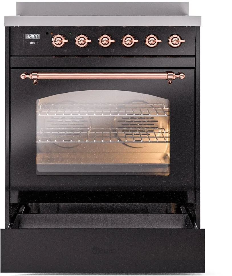 Ilve UPI304NMPBKP Nostalgie Ii 30 Inch Electric Freestanding Range In Glossy Black With Copper Trim