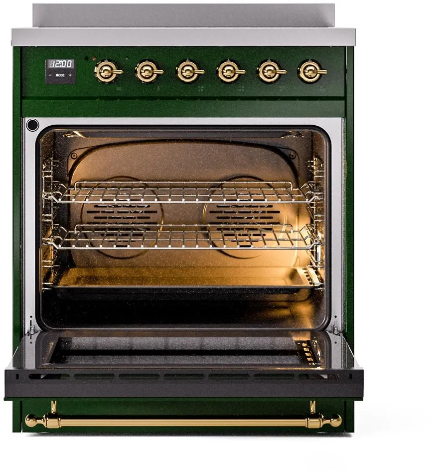 Ilve UPI304NMPEGG Nostalgie Ii 30 Inch Electric Freestanding Range In Emerald Green With Brass Trim