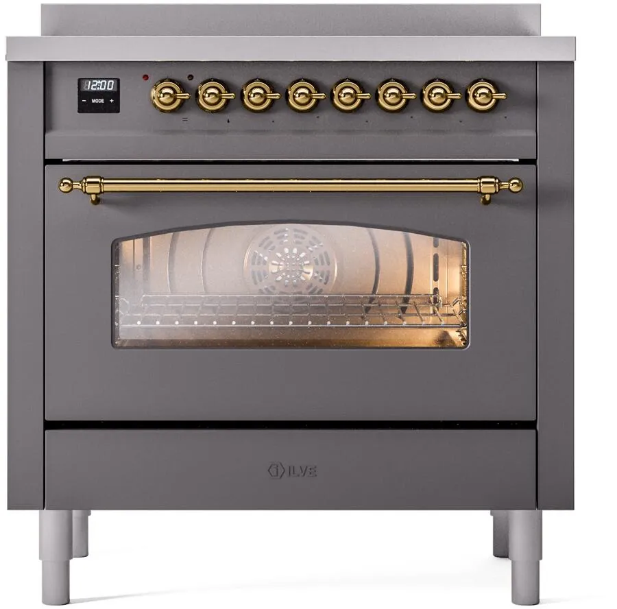 Ilve UPI366NMPMGG Nostalgie Ii 36 Inch Electric Freestanding Range In Matte Graphite With Brass Trim