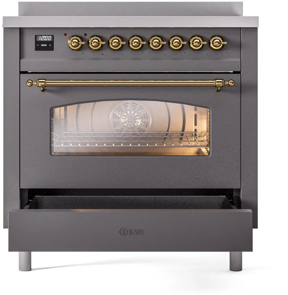 Ilve UPI366NMPMGG Nostalgie Ii 36 Inch Electric Freestanding Range In Matte Graphite With Brass Trim
