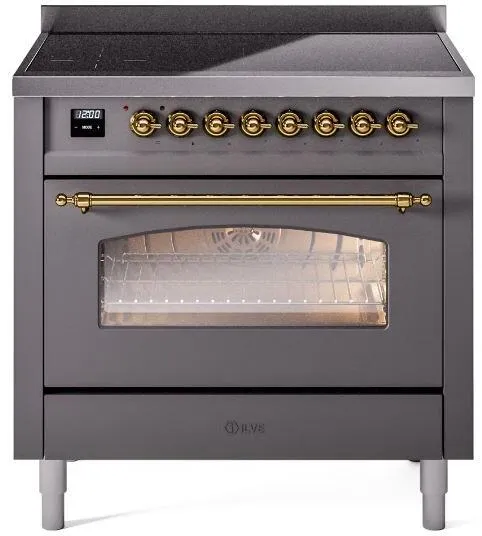 Ilve UPI366NMPMGG Nostalgie Ii 36 Inch Electric Freestanding Range In Matte Graphite With Brass Trim