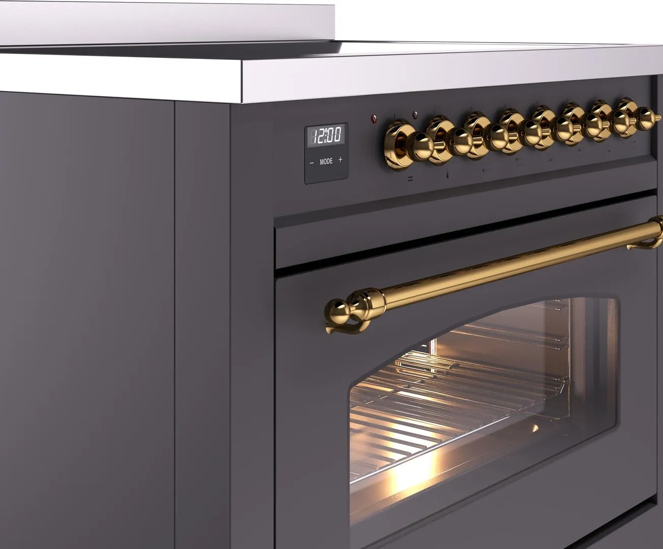 Ilve UPI366NMPMGG Nostalgie Ii 36 Inch Electric Freestanding Range In Matte Graphite With Brass Trim