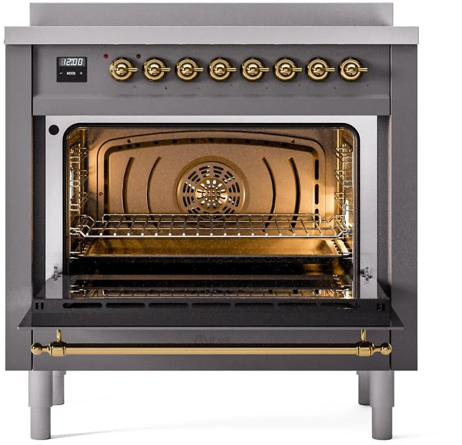 Ilve UPI366NMPMGG Nostalgie Ii 36 Inch Electric Freestanding Range In Matte Graphite With Brass Trim
