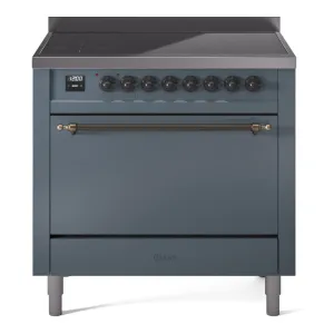 Ilve UPI366QNMPBGB Nostalgie Ii 36 Inch Electric Freestanding Range In Blue Grey With Bronze Trim