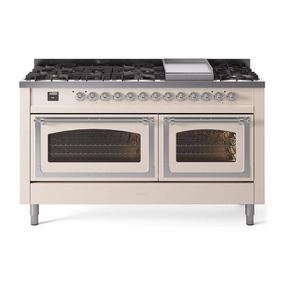 Ilve UN60FNMPAWC Ilve Un60Fnmpawc Nostalgie Ii Noblesse 60" Dual Fuel Range (9 Sealed Burners   Griddle, Natural Gas, Triple Glass Door, Antique White, Chrome)