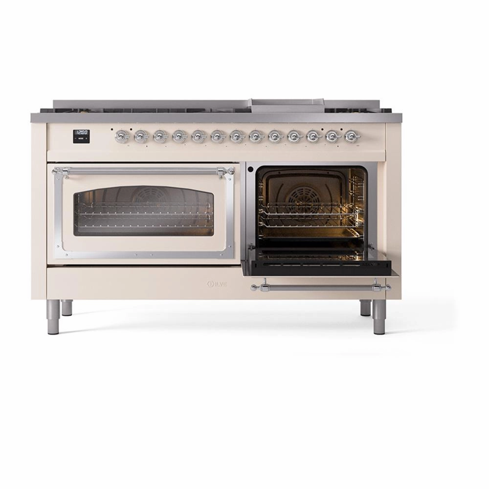 Ilve UN60FNMPAWC Ilve Un60Fnmpawc Nostalgie Ii Noblesse 60" Dual Fuel Range (9 Sealed Burners   Griddle, Natural Gas, Triple Glass Door, Antique White, Chrome)