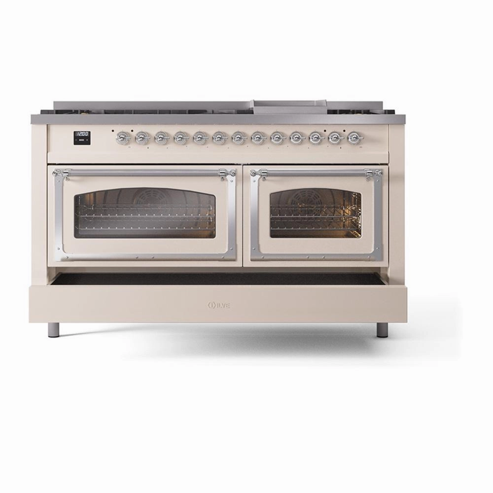 Ilve UN60FNMPAWC Ilve Un60Fnmpawc Nostalgie Ii Noblesse 60" Dual Fuel Range (9 Sealed Burners   Griddle, Natural Gas, Triple Glass Door, Antique White, Chrome)
