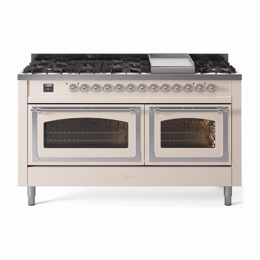 Ilve UN60FNMPAWC Ilve Un60Fnmpawc Nostalgie Ii Noblesse 60" Dual Fuel Range (9 Sealed Burners   Griddle, Natural Gas, Triple Glass Door, Antique White, Chrome)