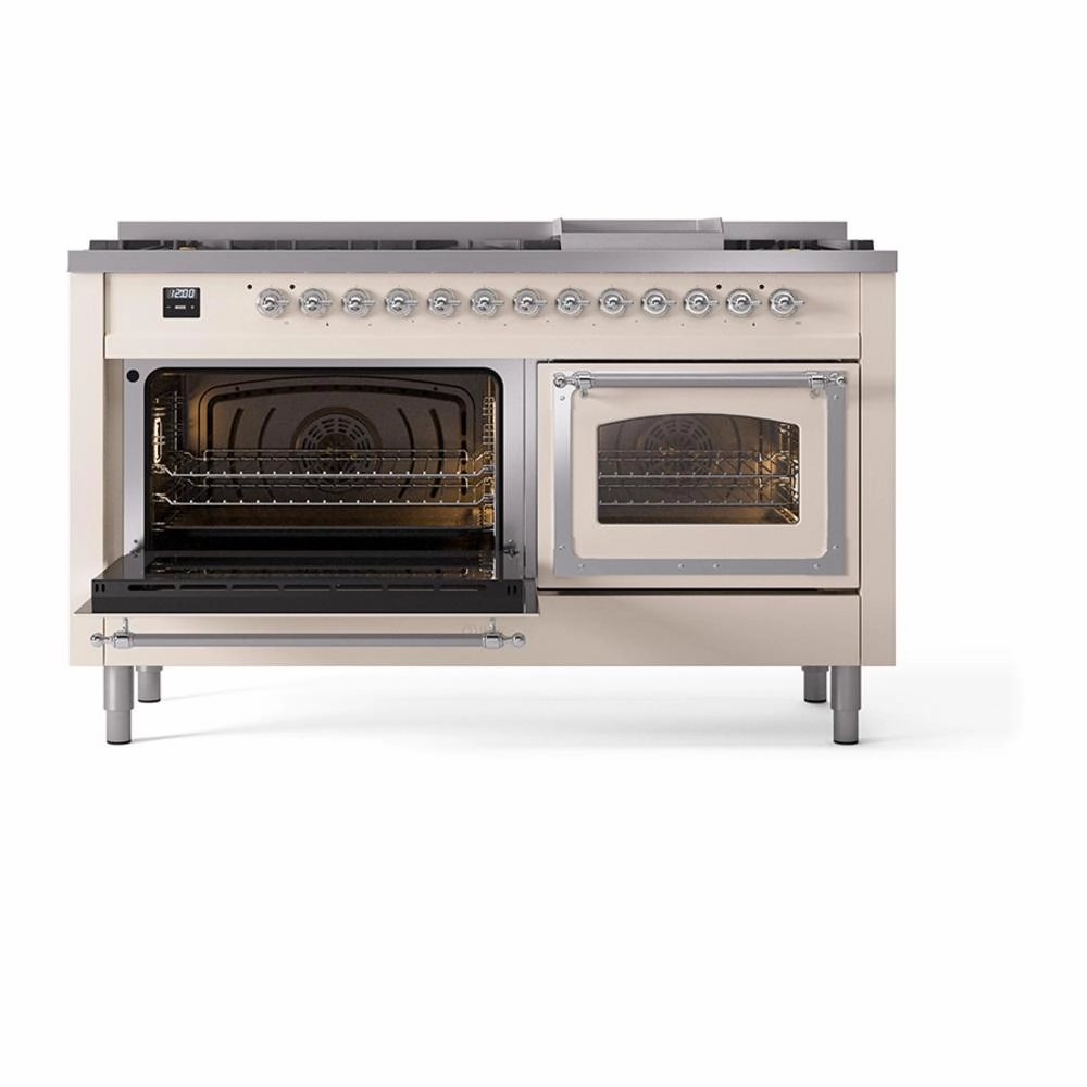 Ilve UN60FNMPAWC Ilve Un60Fnmpawc Nostalgie Ii Noblesse 60" Dual Fuel Range (9 Sealed Burners   Griddle, Natural Gas, Triple Glass Door, Antique White, Chrome)