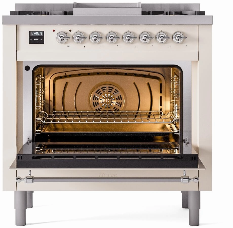 Ilve UP36FNMPAWC Nostalgie Ii 36 Inch Dual Fuel Natural Gas Freestanding Range In Antique White With Chrome Trim