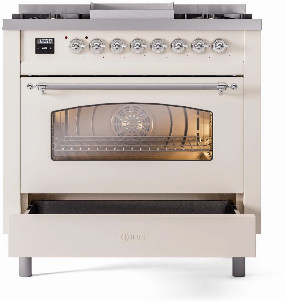 Ilve UP36FNMPAWC Nostalgie Ii 36 Inch Dual Fuel Natural Gas Freestanding Range In Antique White With Chrome Trim