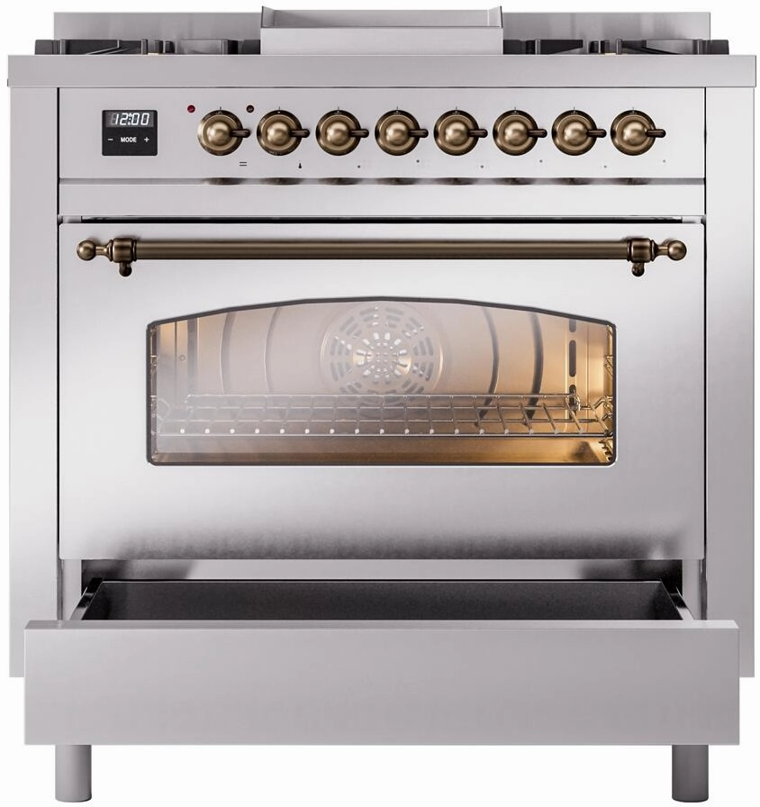 Ilve UP36FNMPSSB Nostalgie Ii 36 Inch Dual Fuel Natural Gas Freestanding Range In Stainless Steel With Bronze Trim