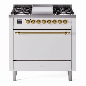 Ilve UP36FQNMPWHPLP Nostalgie Ii 36 Inch Dual Fuel Liquid Propane Freestanding Range In White With Copper Trim