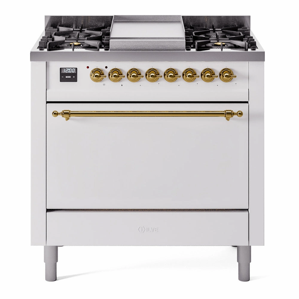 Ilve UP36FQNMPWHPLP Nostalgie Ii 36 Inch Dual Fuel Liquid Propane Freestanding Range In White With Copper Trim