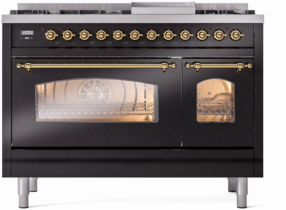 Ilve UP48FNMPBKG Nostalgie Ii 48 Inch Dual Fuel Natural Gas Freestanding Range In Glossy Black With Brass Trim