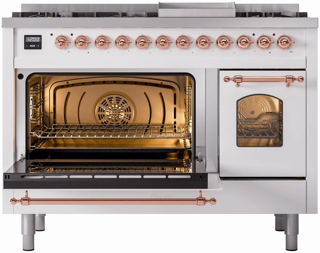 Ilve UP48FNMPWHPLP Nostalgie Ii 48 Inch Dual Fuel Liquid Propane Freestanding Range In White With Copper Trim