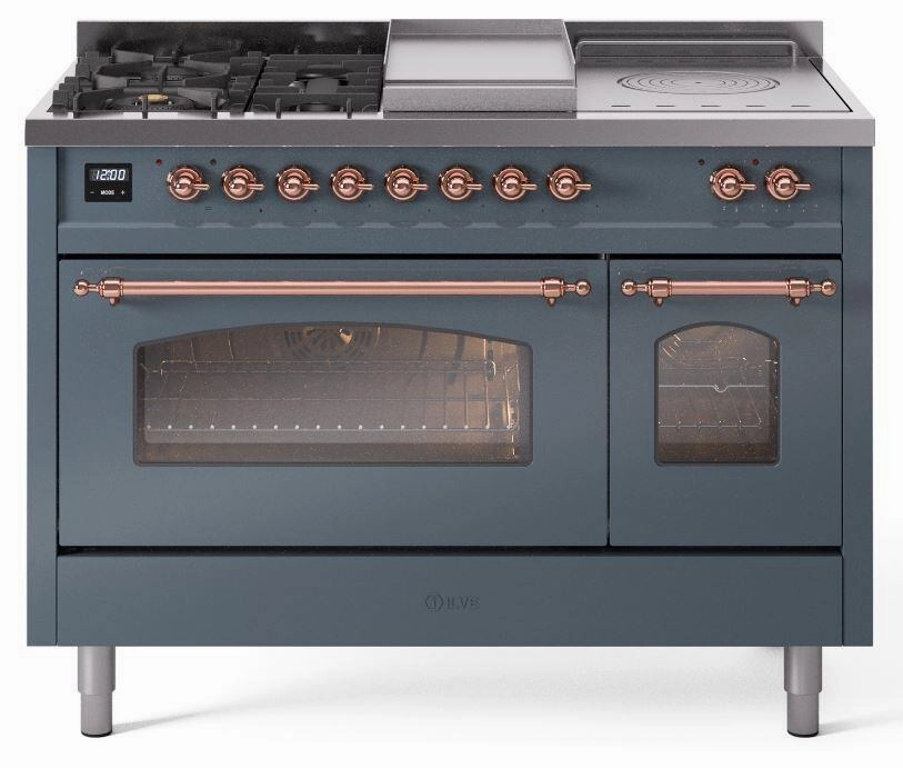 Ilve UP48FSNMPBGP Nostalgie Ii 48 Inch Dual Fuel Natural Gas Freestanding Range In Blue Grey With Copper Trim