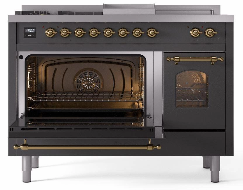 Ilve UP48FSNMPMGG Nostalgie Ii 48 Inch Dual Fuel Natural Gas Freestanding Range In Matte Graphite With Brass Trim