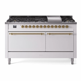 Ilve UP60FQNMPWHGLP Nostalgie Ii 60 Inch Dual Fuel Liquid Propane Freestanding Range In White With Brass Trim
