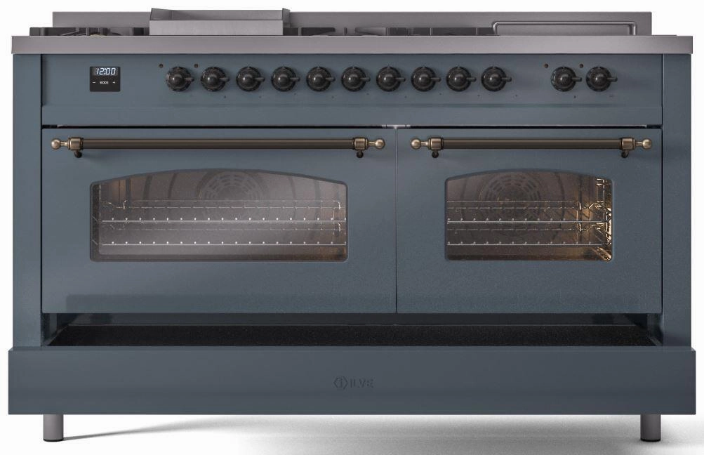 Ilve UP60FSNMPBGB Nostalgie Ii 60 Inch Dual Fuel Natural Gas Freestanding Range In Blue Grey With Bronze Trim
