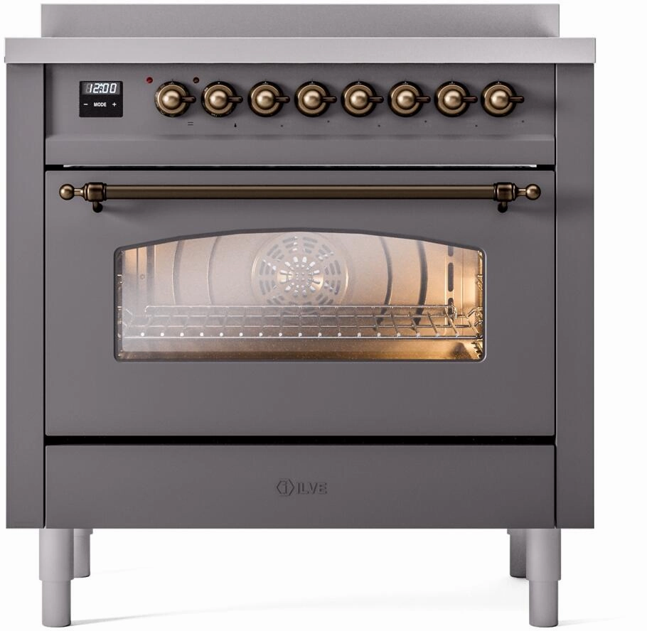 Ilve UPI366NMPMGB Nostalgie Ii 36 Inch Electric Freestanding Range In Matte Graphite With Bronze Trim