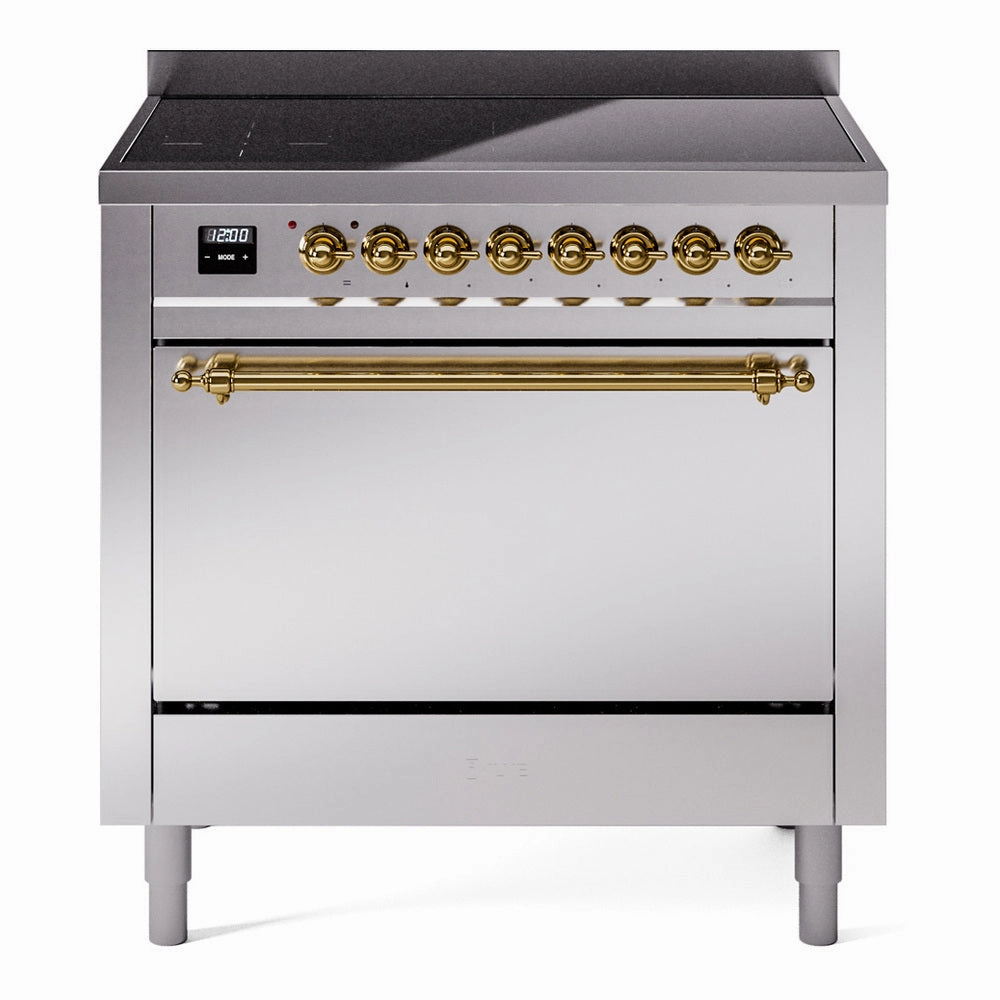 Ilve UPI366QNMPSSG Nostalgie Ii 36 Inch Electric Freestanding Range In Stainless Steel With Brass Trim