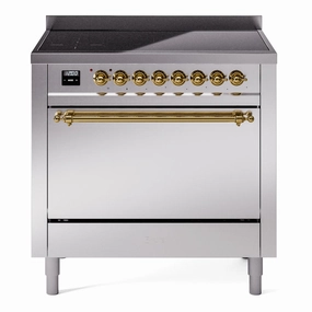 Ilve UPI366QNMPSSG Nostalgie Ii 36 Inch Electric Freestanding Range In Stainless Steel With Brass Trim