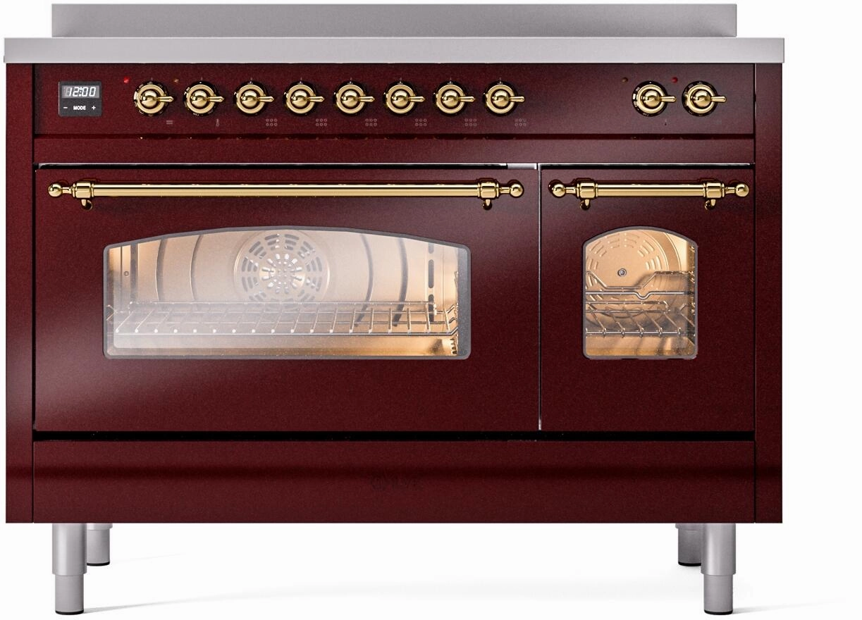 Ilve UPI486NMPBUG Nostalgie Ii 48 Inch Electric Freestanding Range In Burgundy With Brass Trim