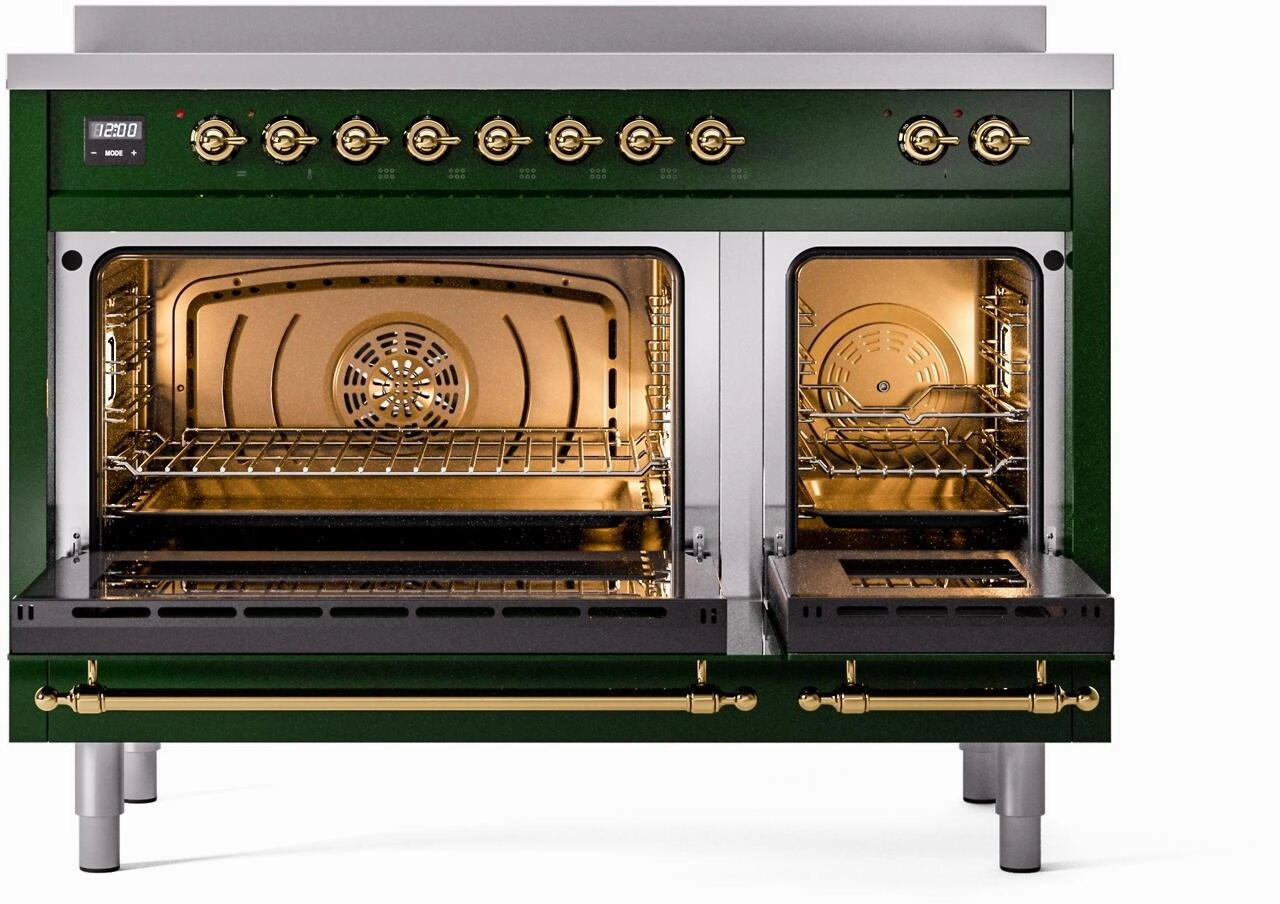 Ilve UPI486NMPEGG Nostalgie Ii 48 Inch Electric Freestanding Range In Emerald Green With Brass Trim