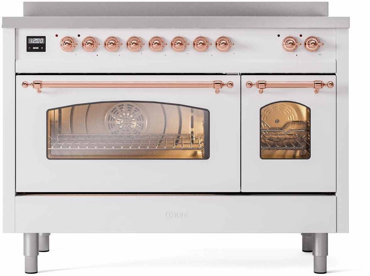 Ilve UPI486NMPWHP Nostalgie Ii 48 Inch Electric Freestanding Range In White With Copper Trim