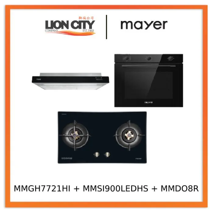 Mayer MMGH7721HI 76cm 2 Burner Glass Gas Hob   MMSI900LEDHS 90cm Semi-integrated Slimline Hood   MMDO8R 60 cm Built-in Oven with Smoke Ventilation