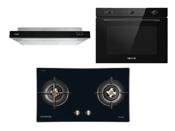 Mayer MMGH7721HI 76cm 2 Burner Glass Gas Hob   MMSI900LEDHS 90cm Semi-integrated Slimline Hood   MMDO8R 60 cm Built-in Oven with Smoke Ventilation