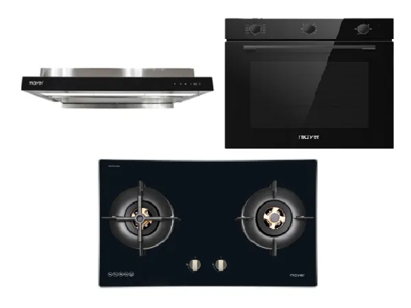 Mayer MMGH7721HI 76cm 2 Burner Glass Gas Hob   MMSI903OT Cm Semi-integrated Hood With Oil Tray   MMDO8R 60 cm Built-in Oven with Smoke Ventilation