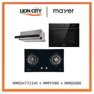 Mayer MMGH7721HI 76cm 2 Burner Glass Gas Hob   MMTH90 Telescopic Hood   MMDO8R 60 cm Built-in Oven with Smoke Ventilation
