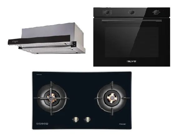 Mayer MMGH7721HI 76cm 2 Burner Glass Gas Hob   MMTH90 Telescopic Hood   MMDO8R 60 cm Built-in Oven with Smoke Ventilation