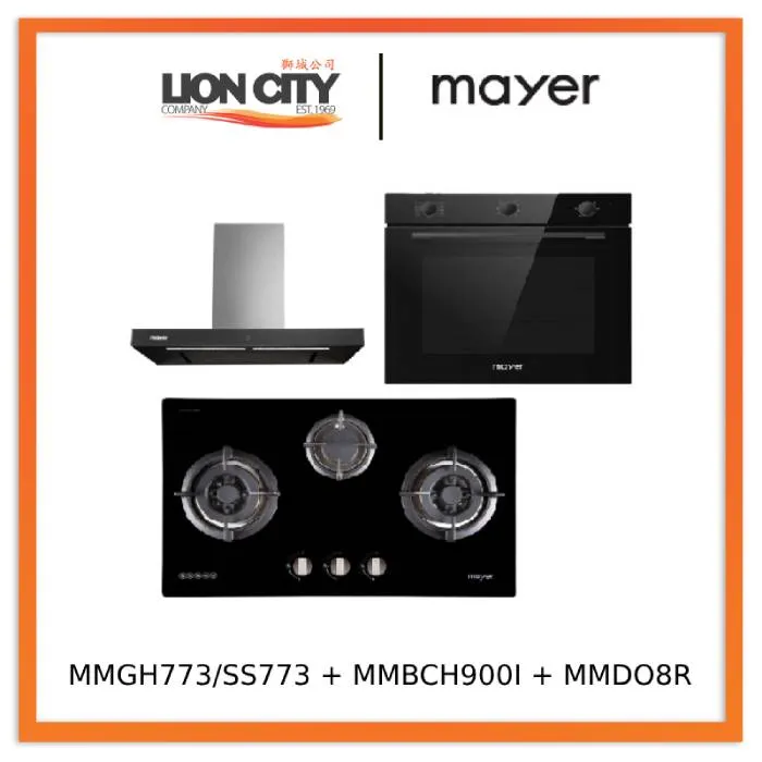 Mayer MMGH772/SS772 Built-In Gas Hob   MMBCH900I Chimney Hood   MMDO8R 60 cm Built-in Oven with Smoke Ventilation