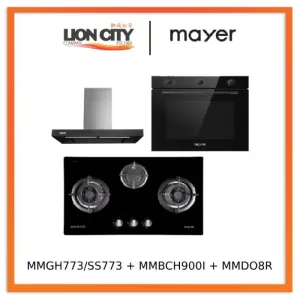 Mayer MMGH772/SS772 Built-In Gas Hob   MMBCH900I Chimney Hood   MMDO8R 60 cm Built-in Oven with Smoke Ventilation