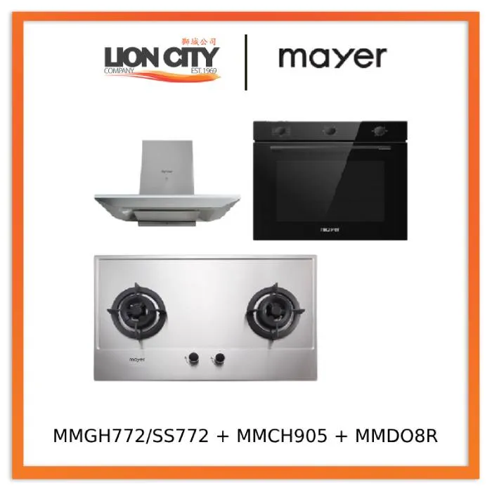 Mayer MMGH772/SS772 Built-In Gas Hob   MMCH905 90cm Chimney Hood   MMDO8R 60 cm Built-in Oven with Smoke Ventilation