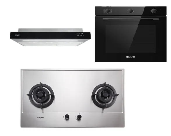 Mayer MMGH772/SS772 Built-In Gas Hob   MMSI900LEDHS 90cm Semi-integrated Slimline Hood   MMDO8R 60 cm Built-in Oven with Smoke Ventilation