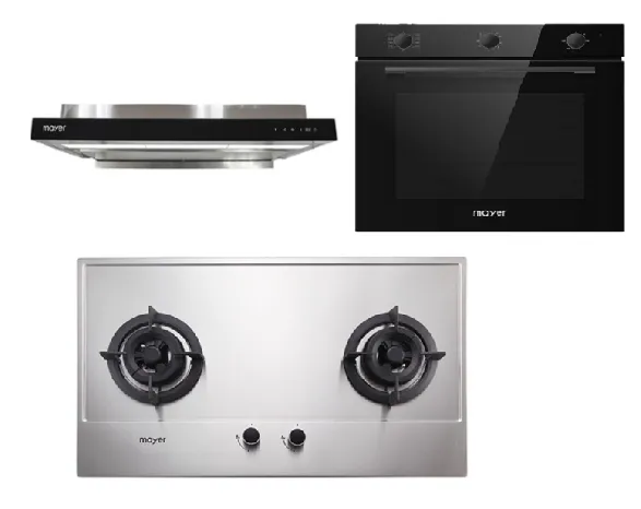 Mayer MMGH772/SS772 Built-In Gas Hob   MMSI903OT 90 Cm Semi-integrated Hood With Oil Tray   MMDO8R 60 cm Built-in Oven with Smoke Ventilation