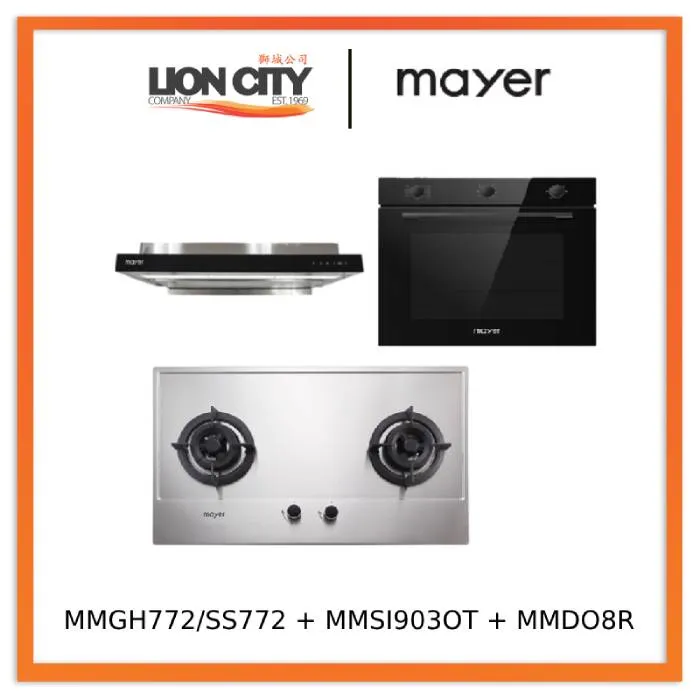 Mayer MMGH772/SS772 Built-In Gas Hob   MMSI903OT 90 Cm Semi-integrated Hood With Oil Tray   MMDO8R 60 cm Built-in Oven with Smoke Ventilation