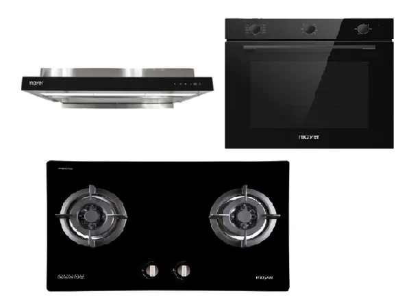 Mayer MMGH772/SS772 Built-In Gas Hob   MMSI903OT 90 Cm Semi-integrated Hood With Oil Tray   MMDO8R 60 cm Built-in Oven with Smoke Ventilation