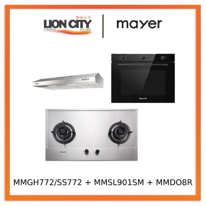 Mayer MMGH772/SS772 Built-In Gas Hob    MMSL901SM 90 cm Slimline Hood   MMDO8R 60 cm Built-in Oven with Smoke Ventilation