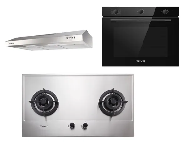 Mayer MMGH772/SS772 Built-In Gas Hob    MMSL901SM 90 cm Slimline Hood   MMDO8R 60 cm Built-in Oven with Smoke Ventilation