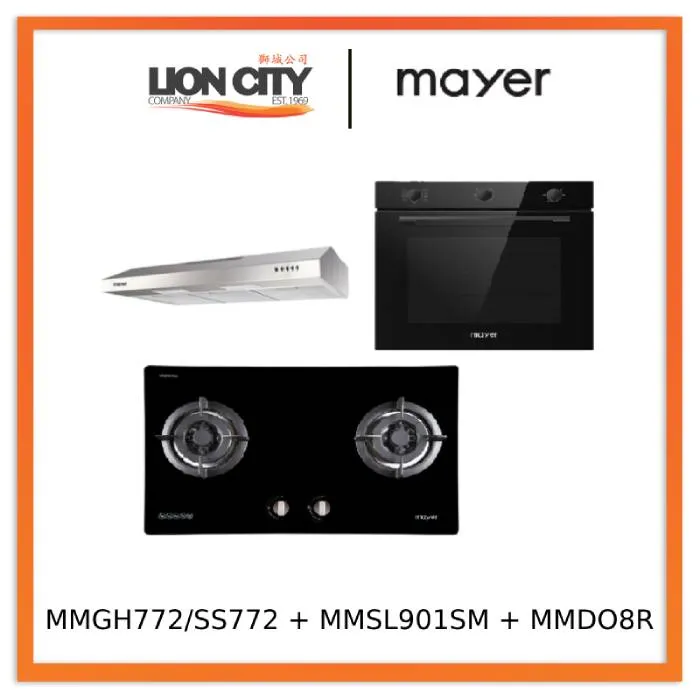 Mayer MMGH772/SS772 Built-In Gas Hob    MMSL901SM 90 cm Slimline Hood   MMDO8R 60 cm Built-in Oven with Smoke Ventilation