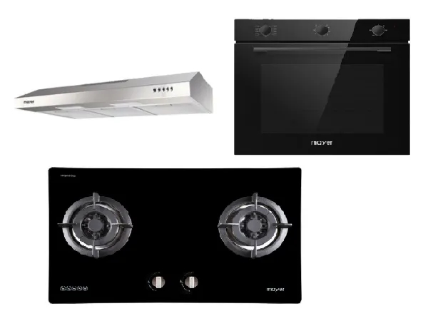 Mayer MMGH772/SS772 Built-In Gas Hob    MMSL901SM 90 cm Slimline Hood   MMDO8R 60 cm Built-in Oven with Smoke Ventilation