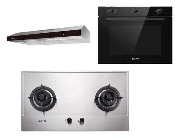 Mayer MMGH772/SS772 Built-In Gas Hob   MMSL902BE 90 Cm Slimline Hood   MMDO8R 60 cm Built-in Oven with Smoke Ventilation