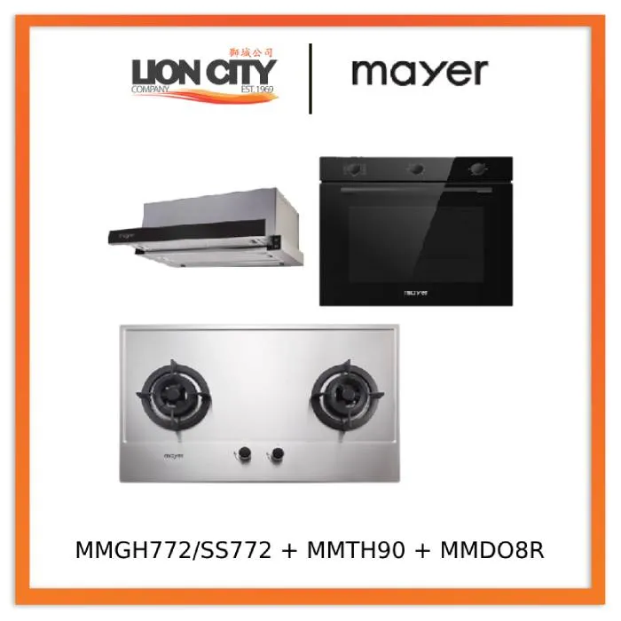 Mayer MMGH772/SS772 Built-In Gas Hob   MMTH90 Telescopic Hood (90CM)   MMDO8R 60 cm Built-in Oven with Smoke Ventilation