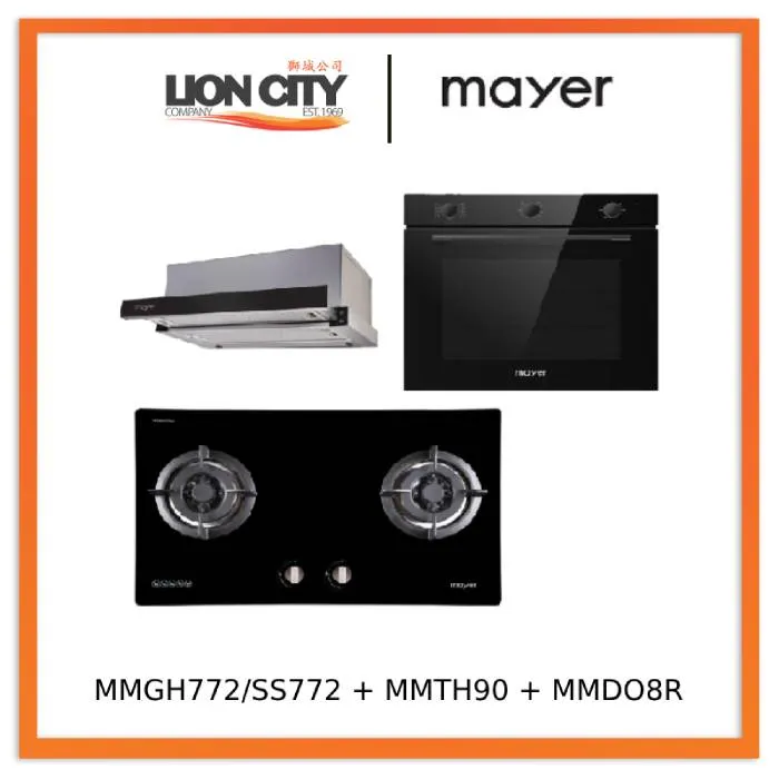 Mayer MMGH772/SS772 Built-In Gas Hob   MMTH90 Telescopic Hood (90CM)   MMDO8R 60 cm Built-in Oven with Smoke Ventilation