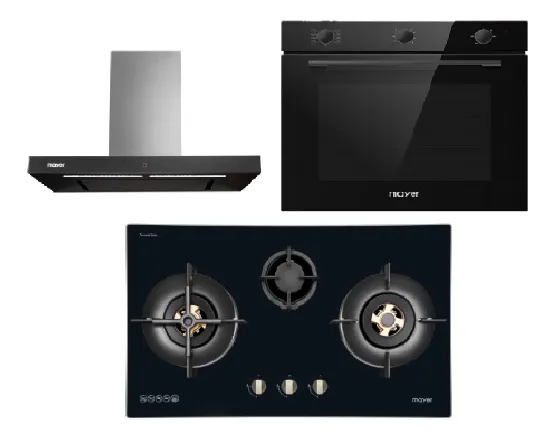 Mayer MMGH7731HI 76cm 3 Burner Glass Gas Hob   MMBCH900I Chimney Hood   MMDO8R 60 cm Built-in Oven with Smoke Ventilation